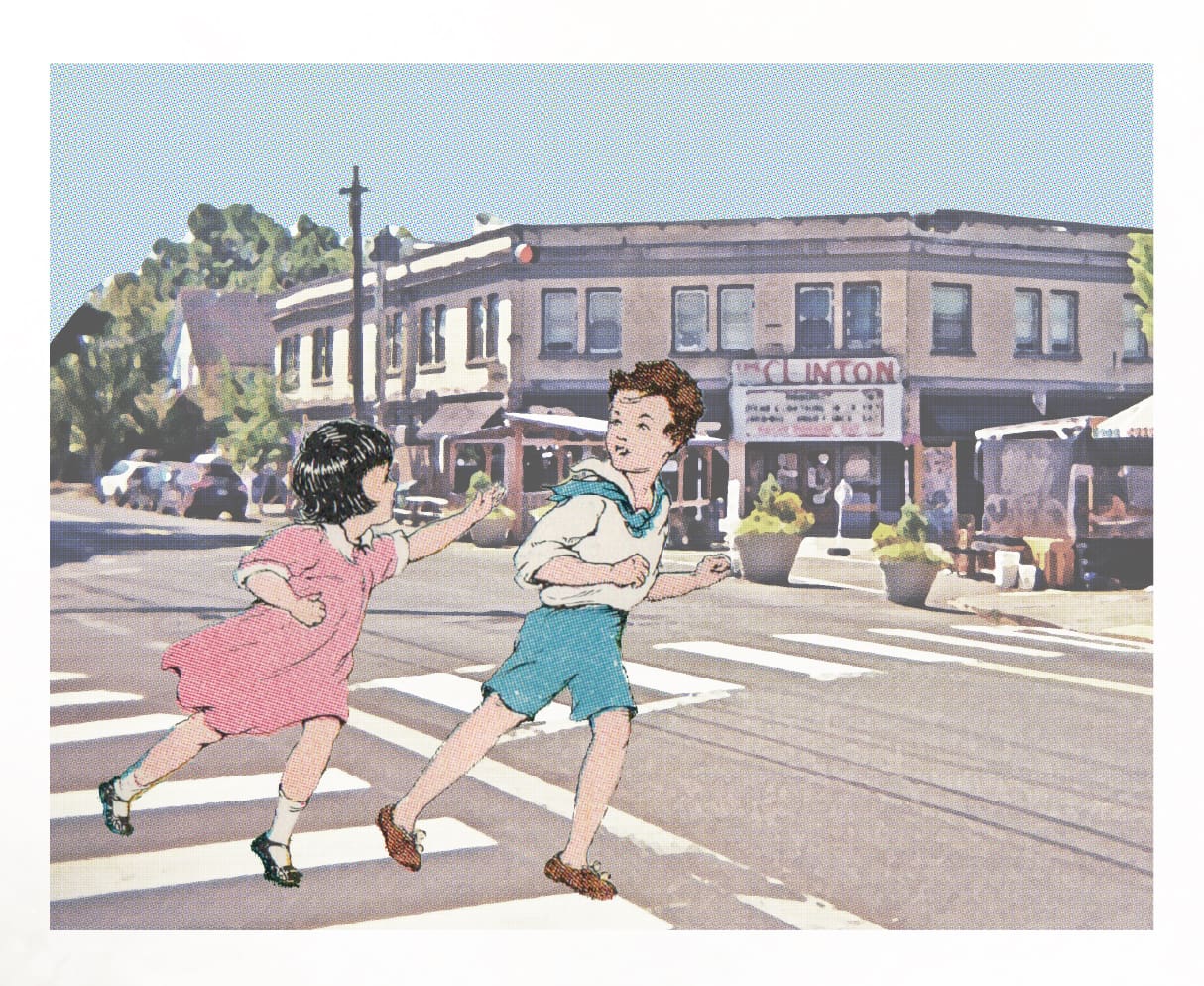 Dick and Jane of primary grade reading fame play a game of tag in front of the Clinton Street Theater.