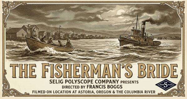 Illustrated vintage poster for The Fisherman’s Bride, depicting boats on the Columbia River near Astoria with 1909-style typography and ornate framing.